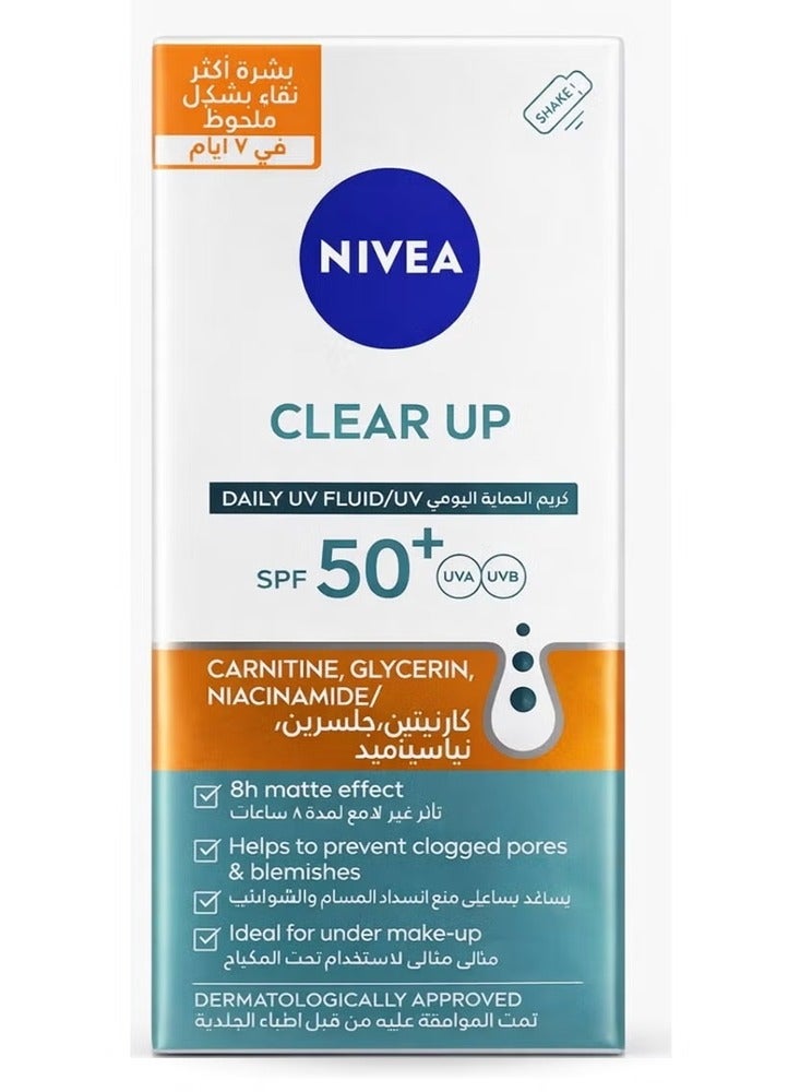 NIVEA Clear Up Daily UV Fluid SPF 50+ – Lightweight Face Sunscreen with UVA/UVB Protection, Matte Finish, Ideal for Blemish-Prone Skin